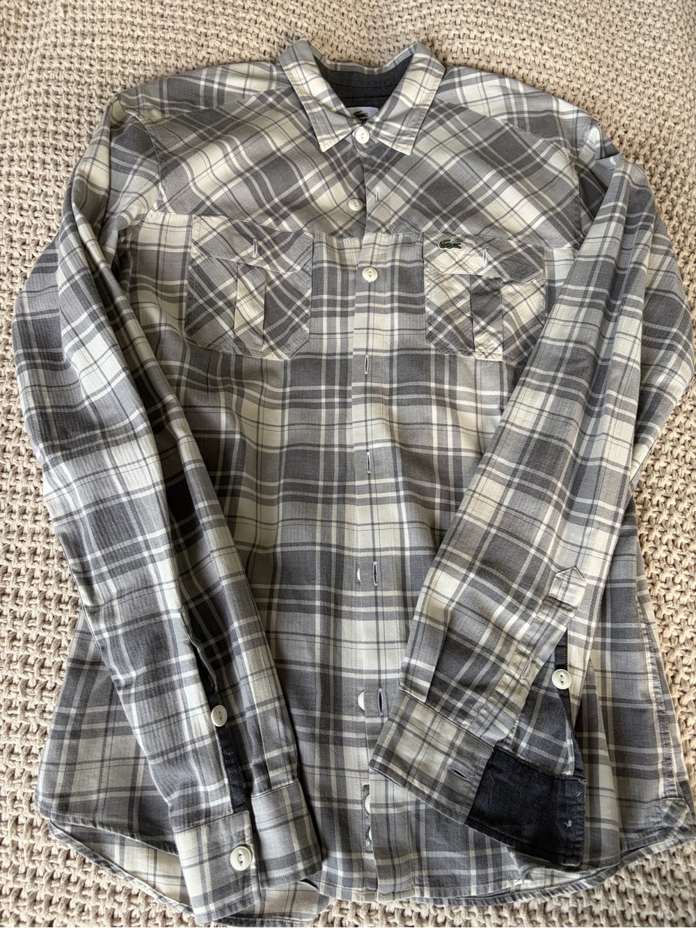 Lacoste Gray and White Plaid Long-Sleeve Button-Down Shirt